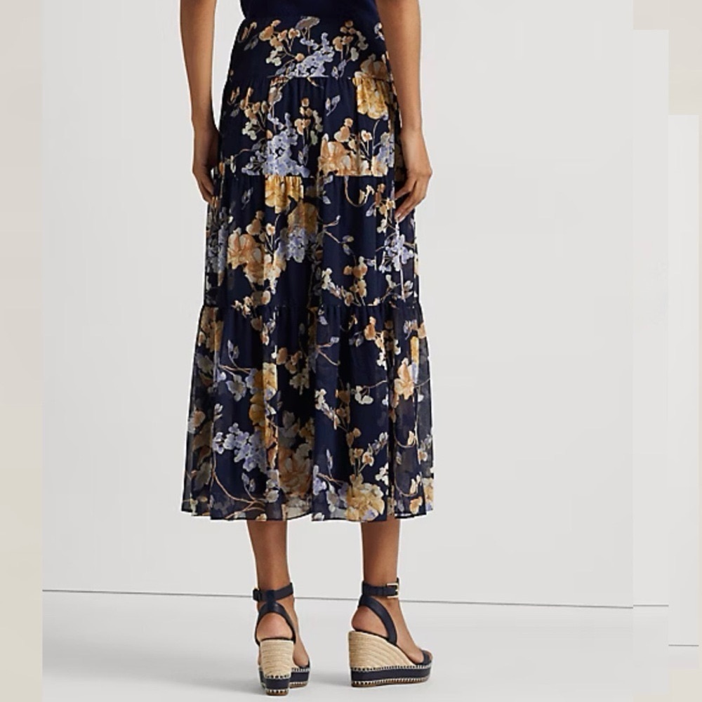 Ralph Lauren Floral Crinkle Georgette Tiered Maxi Midi Skirt Navy Cream Size 00 - Picture 4 of 16